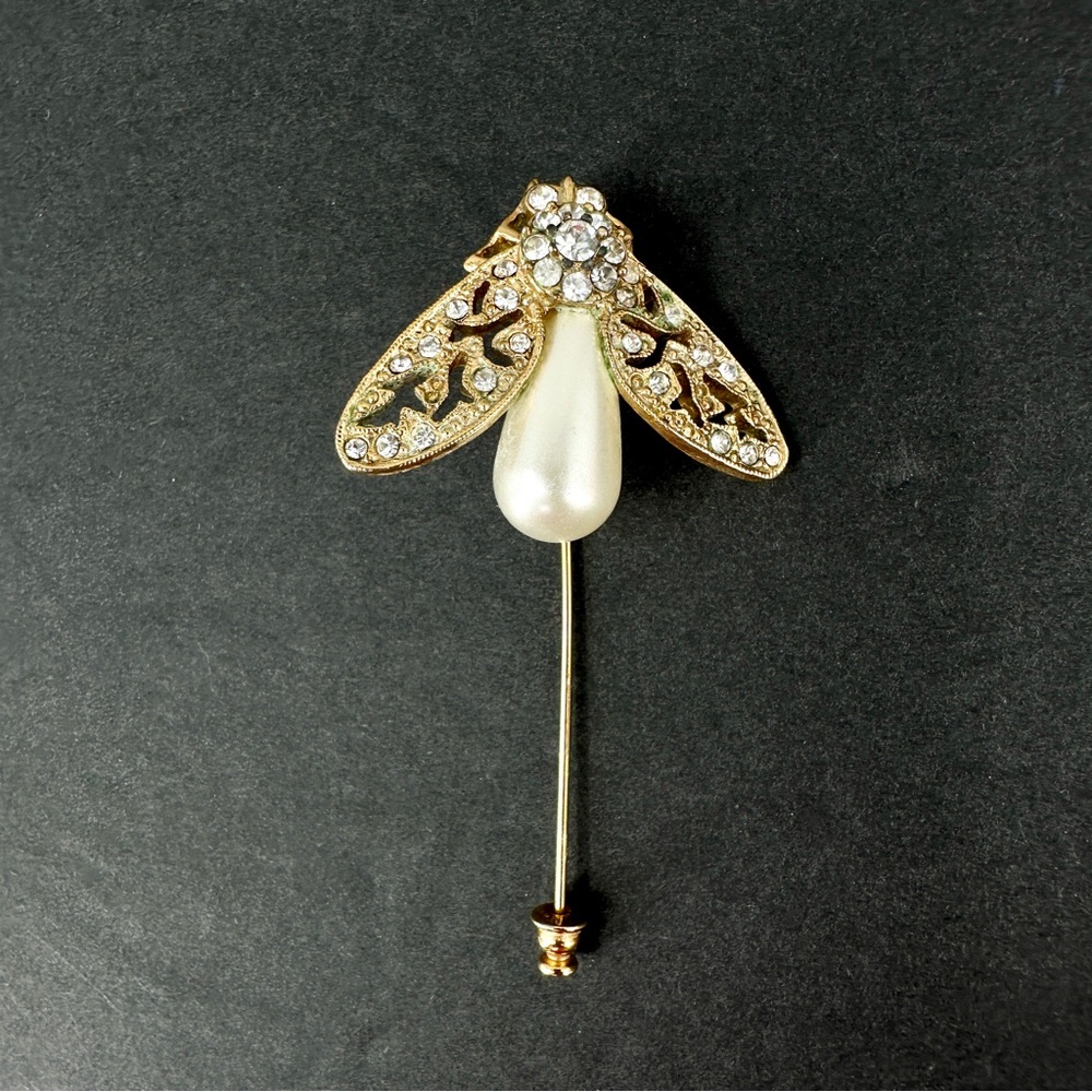 Vintage Bee Fly Bug Insect Stick Hat Lapel Pin Gold Tone Rhinestone Faux Pearl - Picture 2 of 16